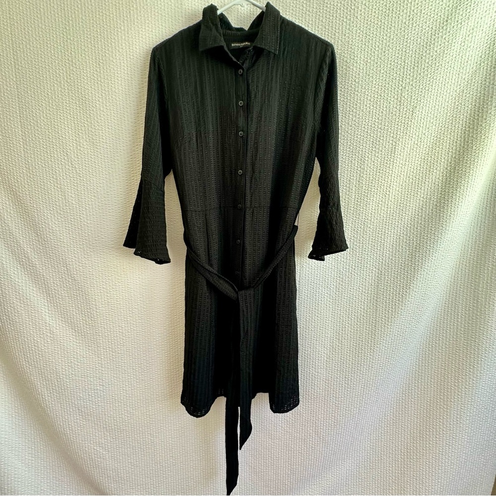 Banana Republic Black Textured Button Front Tie Waist Shirt Dress Size 10 Lined